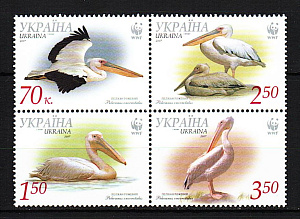 Украина, 2007, WWF, Птицы, Розовый Пеликан, 4 марки сцепка